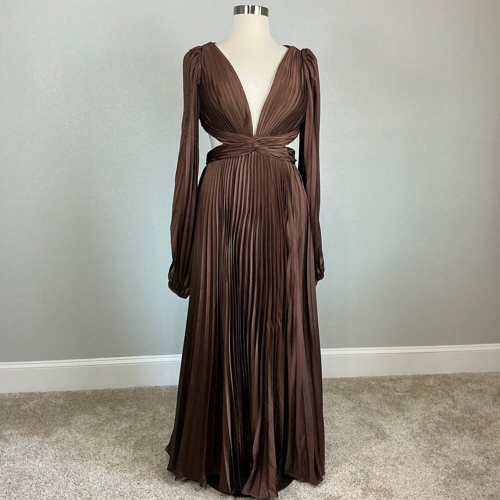 Mac Duggal 26737 Brown Evening Gown Satin Backless Long Sleeve Dress Size 12 - Picture 2 of 12